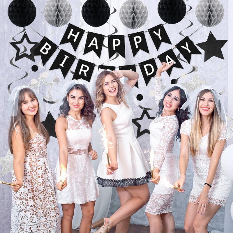 meowtastic Birthday Decorations  Happy Birthday Banner with Honeycomb Balls  Star Hanging Swirl Streamer  Circle Dot Garland  Happy Birthday Party Decoration for Women Men Boys Girls (Black & Silver) - Image 5